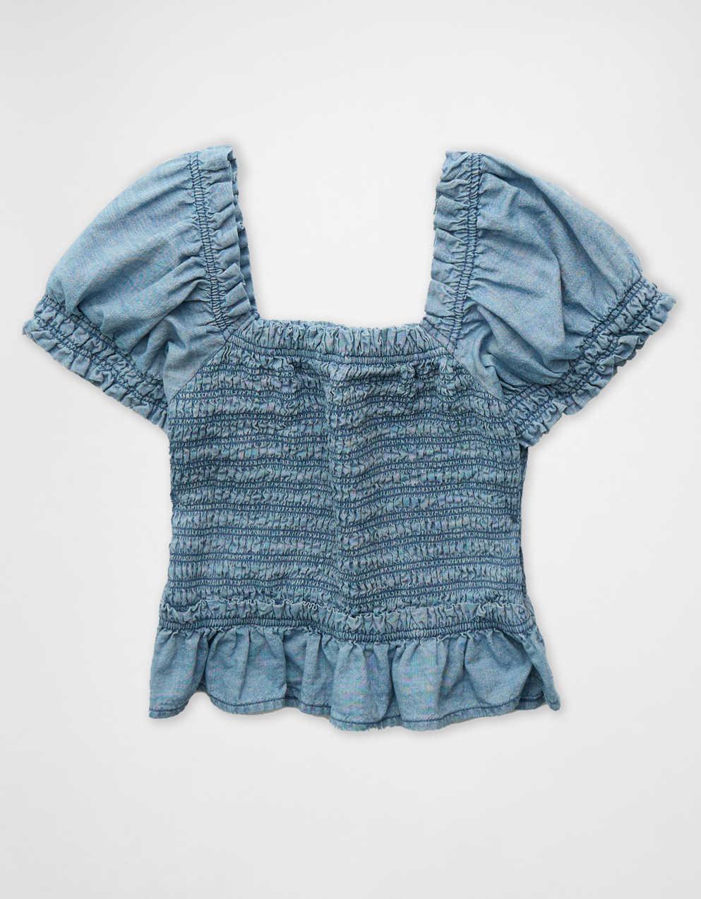 AE High Neck Puff Sleeve Smocked T-Shirt