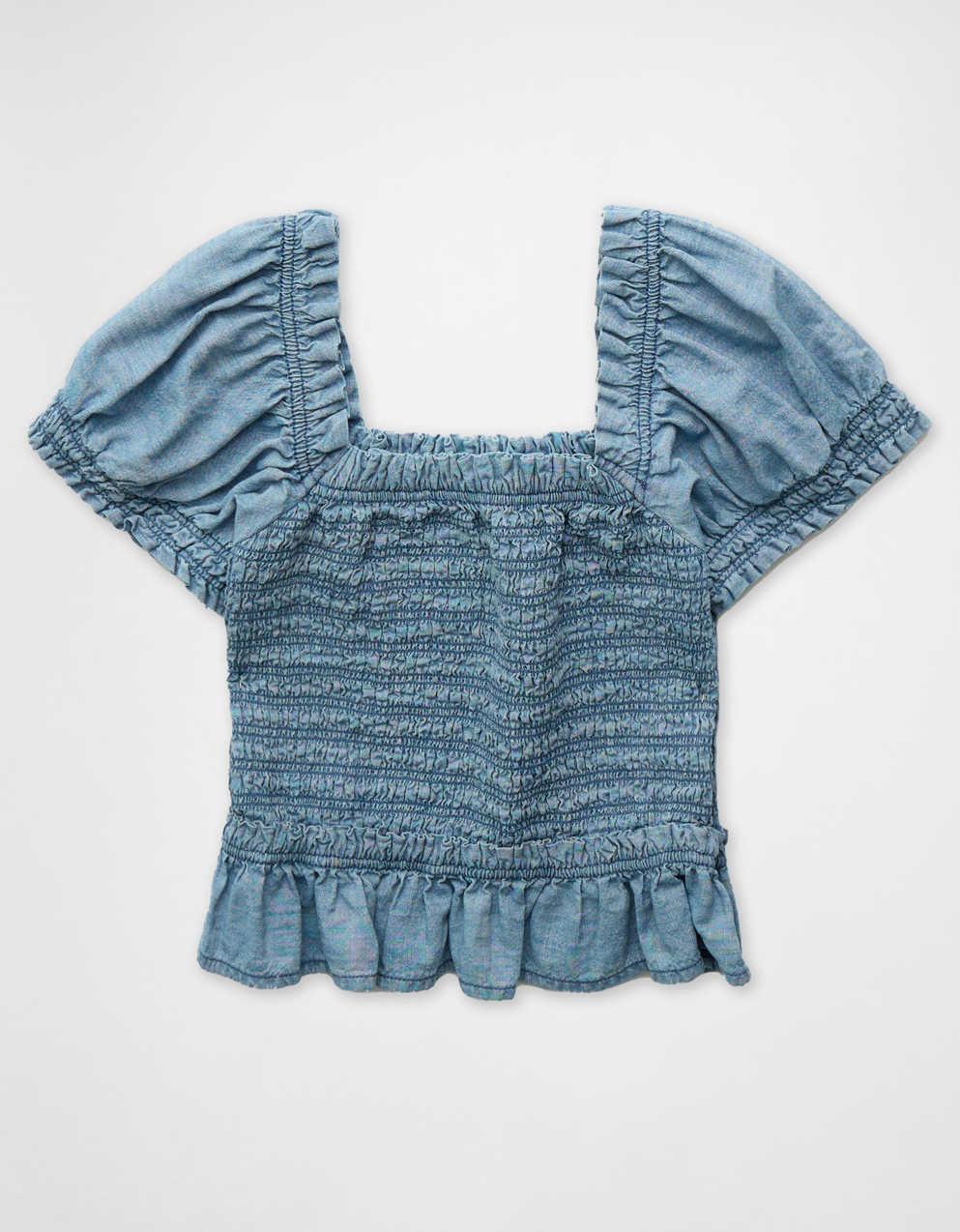 AE High Neck Puff Sleeve Smocked T-Shirt