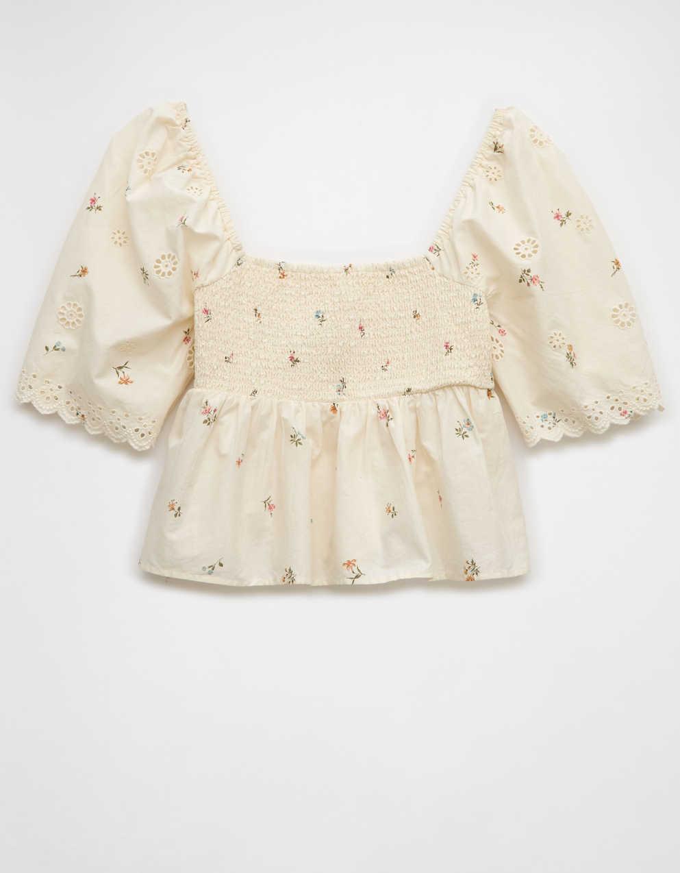 AE Flutter Sleeve Eyelet Babydoll Blouse