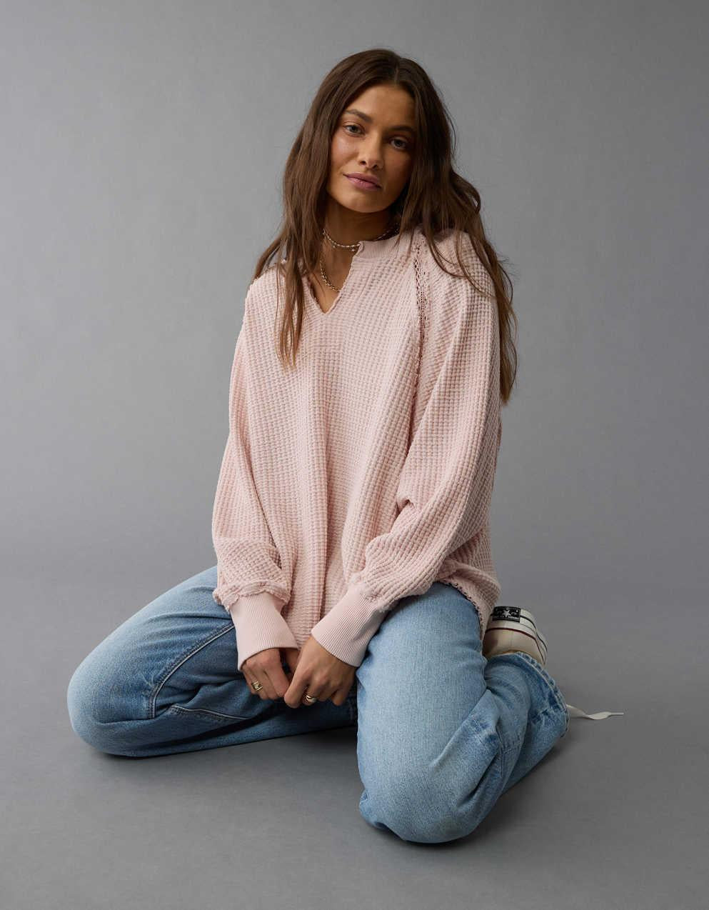 AE Big Hug Notch Neck Waffle Sweatshirt