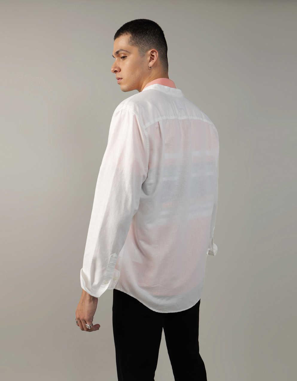 AE Band Collar Linen-Blend Button-Up Shirt