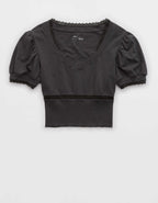 Aerie Cropped Lace Trim V-Neck T-Shirt