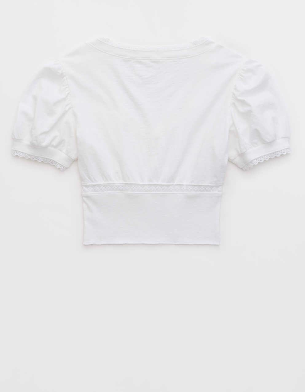 Aerie 크롭 레이스 트림 브이넥 티셔츠