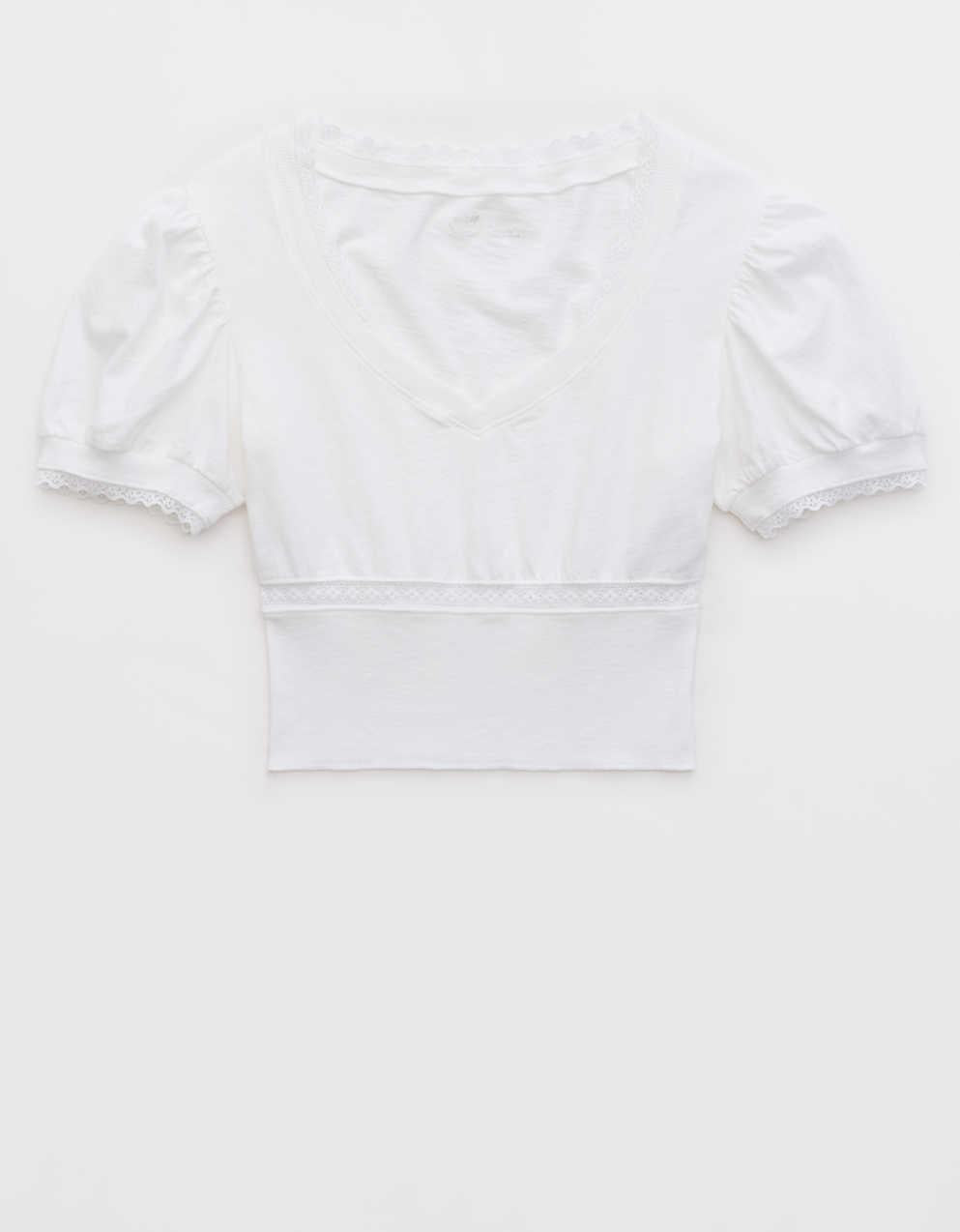 Aerie 크롭 레이스 트림 브이넥 티셔츠
